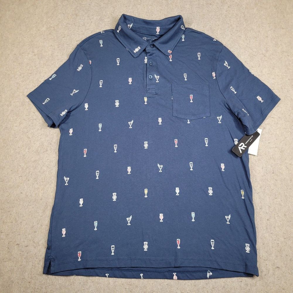 American Rag CIE‎ Polo Shirt Mens Medium Blue Cocktail Allover Short Sleeve NEW